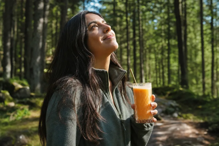 Frau im Wald mit Glas in der Hand