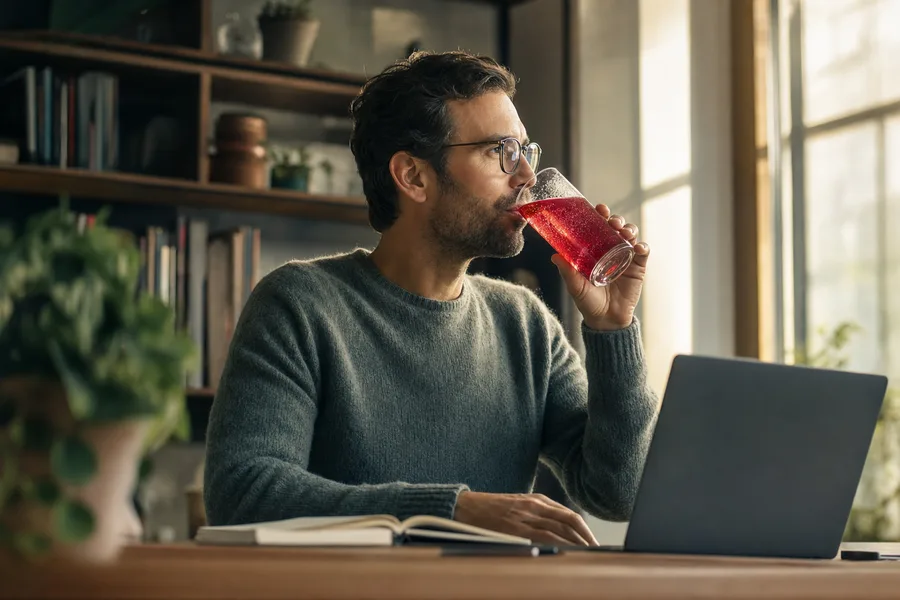 Mann konzentriert am Laptop mit Activize-Drink