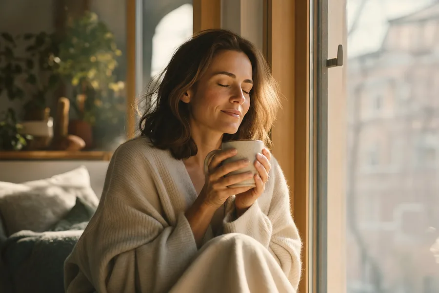 Frau ruhig mit Kräutertee am Fenster